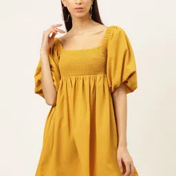 20Dresses Women Mustard Yellow Smocked Detail Solid A-Line Dress-image-41