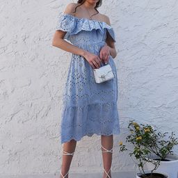 Athena Blue Off-Shoulder Flutter Sleeves Cotton Fit and Flare Dress-image-65