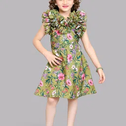 Pink Chick Girls Round Neck Floral Print Flutter Sleeves Ruffled A-Line Dress-image-13