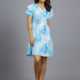 HANDICRAFT PALACE Tie and Dye Printed V-Neck Puff Sleeves Pure Cotton A-Line Dress-image-71