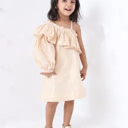 Jilmil Girls Striped One Shoulder Puff Sleeves Ruffled Cotton A-Line Dress-image-66