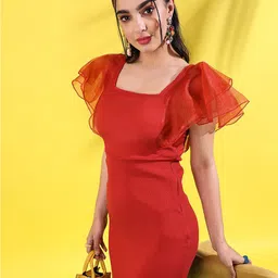 Campus Sutra Red Square Neck Flutter Sleeves Bodycon Dress-15