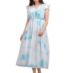 VAANI CREATION White & Blue Georgette Dye Printed V-Neck Midi Dress-image-19
