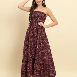 Trend Arrest Floral Printed Strapless Sleeveless Smocked Maxi Dress-4