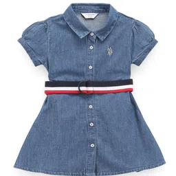 U.S. Polo Assn. Kids Girls Pure Cotton Belted Puff Sleeve Shirt Dress-picture-40