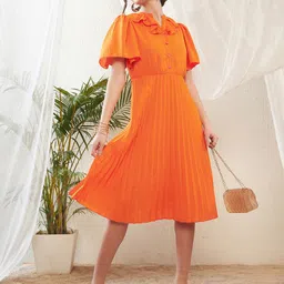 SASSAFRAS Frill Neck Accordion Pleated Flared Sleeve Georgette A-Line Midi Dress-image-94