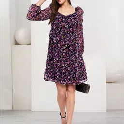 Martini Floral Printed Sweetheart Neck Puff Sleeves Georgette Empire Dress-picture-58