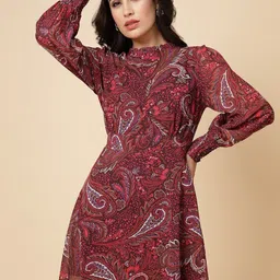 Gipsy Ethnic Motifs Printed Round Neck Cuffed Sleeve Georgette A-Line Dress-picture-11