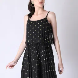 FabAlley Black Polka Dot Printed Accordion Pleats Detailed Georgette A-Line Dress-picture-2