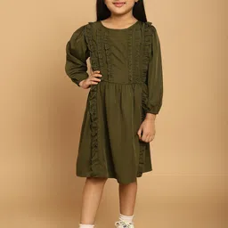 MINI & MING Girls Self Design Round Neck Knee Length Crepe A-Line Dress-picture-47
