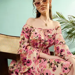 KASSUALLY Floral Printed Off-Shoulder Fit and Flare Dress-image-44