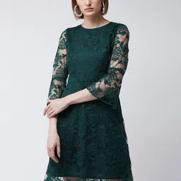 DressBerry Green Self Design Flared Sleeves Lace A-Line Dress-image-14
