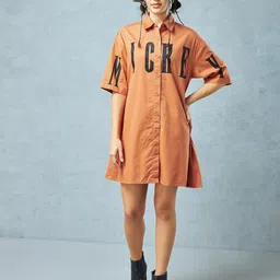 Bewakoof Mickey Mouse Printed Shirt Collar Pure Cotton Oversized Mini Shirt Dress-image-32