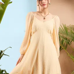 SASSAFRAS Self Design Dobby Sweetheart Neck Smocked A Line Dress-17