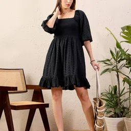 SASSAFRAS Black Schiffli Pure Cotton Fit & Flare Dress-image-89