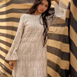 Dash and Dot Striped Boat Neck Long Flared Sleeve A-Line Dress-image-38