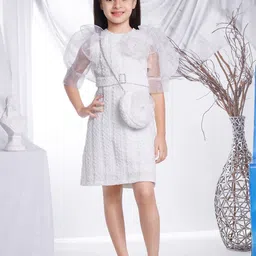 Peppermint Girls Self Design Puff Sleeves Ruffles A-Line Dress-image-34
