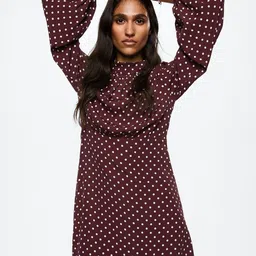 MANGO Burgundy & White Polka Dot  Sustainable A-Line Dress-image-10