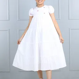 AWW HUNNIE Embroidery Round Neck Short Puff Sleeves Tiered Cotton A-Line Dress-image-30