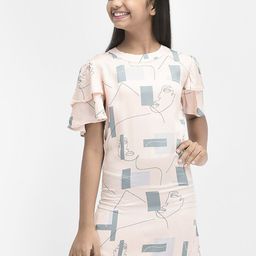 Crimsoune Club Girls Geometric Printed Round Neck Flutter Sleeve A-Line Dress-image-24