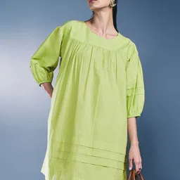 AND Round Neck Puff Sleeve Pure Cotton A-Line Dress-88