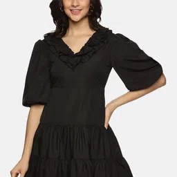ISU V-Neck Puff Sleeve Ruffled Tiered A-Line Mini Dress-image-89