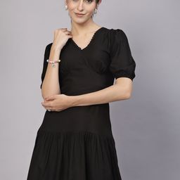 aayu V-Neck Puff Sleeve Lace Frills Cut-Outs A-Line Mini Dress-image-82
