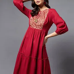 all about you Maroon Embroidered Puff Sleeve A-Line Gathered Dress-image-74