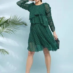 Antheaa Green Polka Dot Printed Round Neck Flared A-Line Dress-picture-9