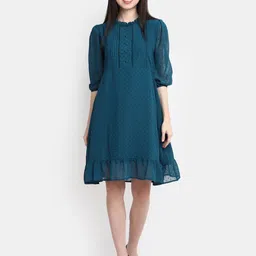 V-Mart Self Design Puff Sleeve Ruffles Detail A-Line Dress-picture-29