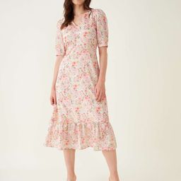 SALT ATTIRE Floral Printed V-Neck Puff Sleeve Crepe A-Line Midi Dress-image-59