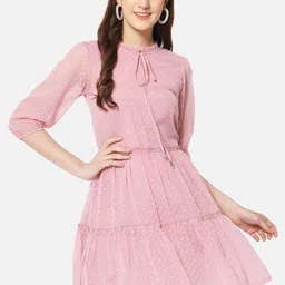 BAESD Self Design Tie-Up Neck Puff Sleeves Pleated Fit & Flare Dress-30