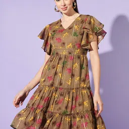 Slenor Floral Print V-Neck Flutter Sleeve Layered Georgette Fit & Flare Dress-picture-2
