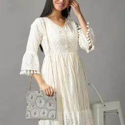 SHOWOFF Off White Embroidered Cotton Crepe Ethnic Dress-picture-28