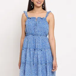 MARC LOUIS Women Blue Floral Print Shoulder Strap A-Line Dress-image-38