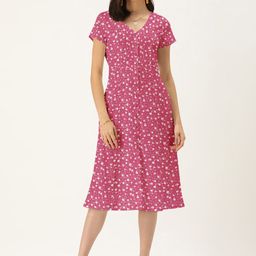 DressBerry Women Pink V Neck Floral A-Line Dress-image-40