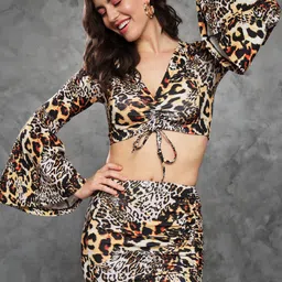 TANDUL Animal Skin Printed Bell Sleeve Top & Skirt-image-84