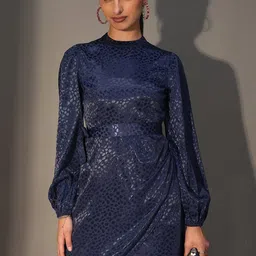 Tokyo Talkies Navy Blue Mock Neck Self Design Puff Sleeves Sheath Dress-image-14