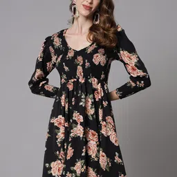 emeros Black & Peach-Coloured Floral Smocked Crepe Dress-image-1