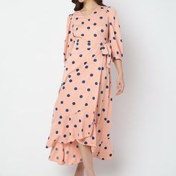 Vero Moda V-Neck Polka Dot Printed Tie Up Wrap Midi Dress-image-98