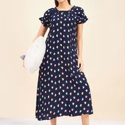 Sweet Dreams Navy Blue Heart Printed Puff Sleeves Midi Nightdress-image-38