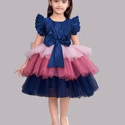 Pink Chick Navy Blue & Pink Colourblocked Layered Satin Dress-image-93