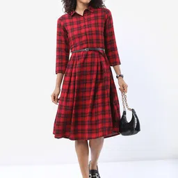 Tokyo Talkies Red & Black Checked Shirt Dress With Belt-image-27