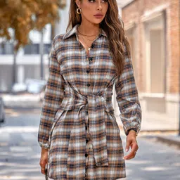StyleCast Orange Checked Shirt Collar Tie-Up Shirt Dress-image-76