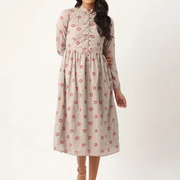 ROOTED Women Grey & Red Floral Printed Shirt Dress-image-73
