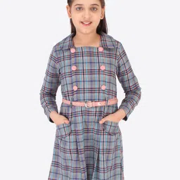 CUTECUMBER Girls Grey & Pink Checked Belted Cotton Shirt Dress-image-86