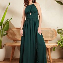 Berrylush Green Halter Neck Cut-Out Detailed Maxi Dress-image-0