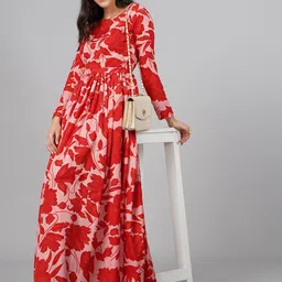 BAESD Floral Printed Round Neck Long Sleeves Gathered Crepe Maxi Dress-image-29