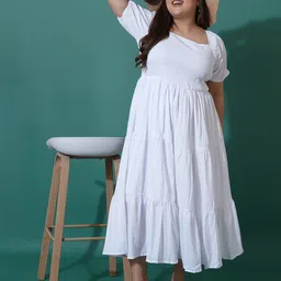 U&F Beyond Women Plus Size Tiered Puff Sleeve Fit and Flare Midi Dress-image-18