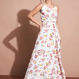 DressBerry White & Red Floral Printed Shoulder Straps Maxi Dress-picture-7